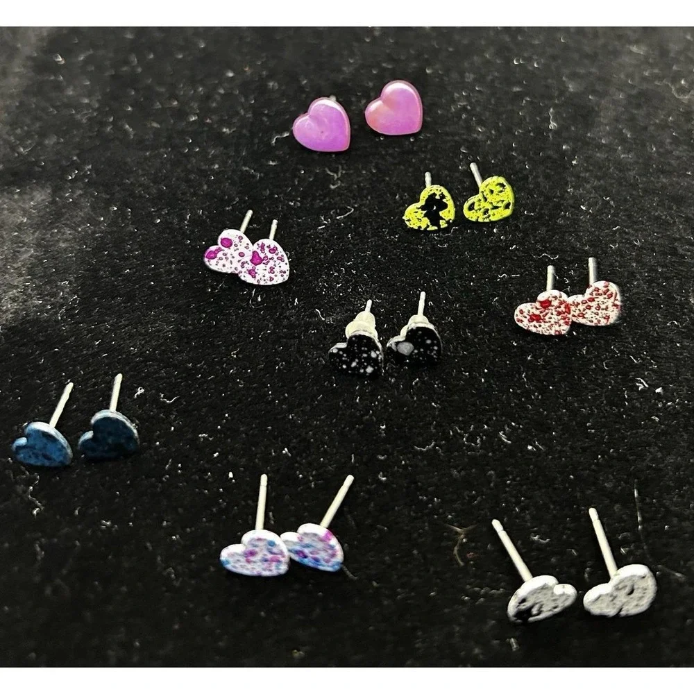 Heart Stud Earrings Lot Pink Black Blue Red Colorful Tiny Cute Kawaii Set 8 Pair